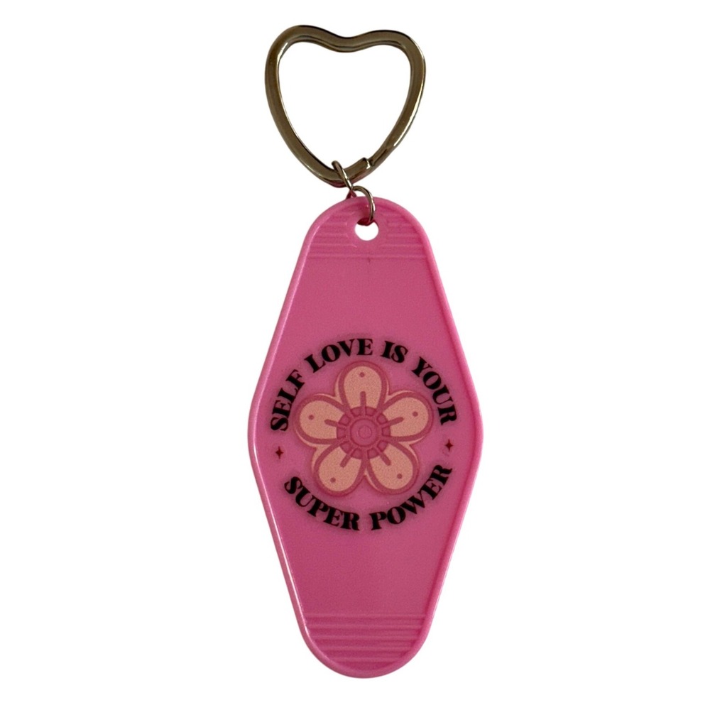 Self Love Is Your Super Power Pink Motel Keychain Retro Flower Heart Ring New